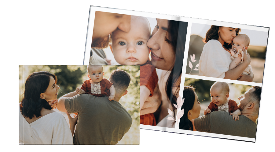 Fotobuch von außen und innen mit Familienbildern.