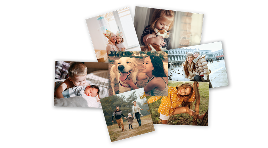 Verschiedene Fotoabzüge mit Motiven von Kindern, Pärchen, Familien und Haustieren.
