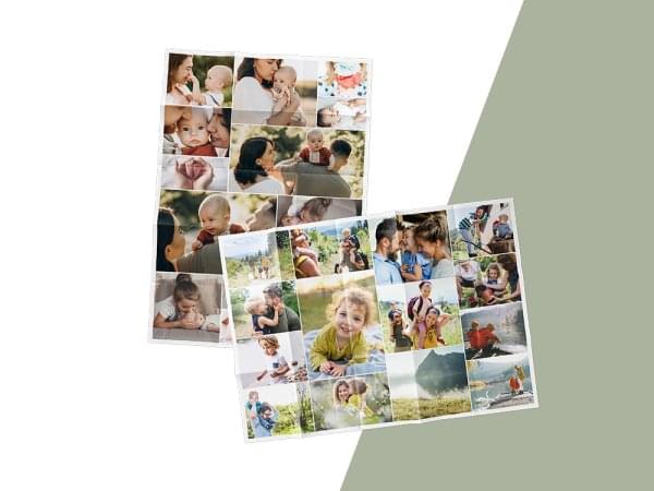 Zwei Faltposter mit Fotocollagen von Familien.